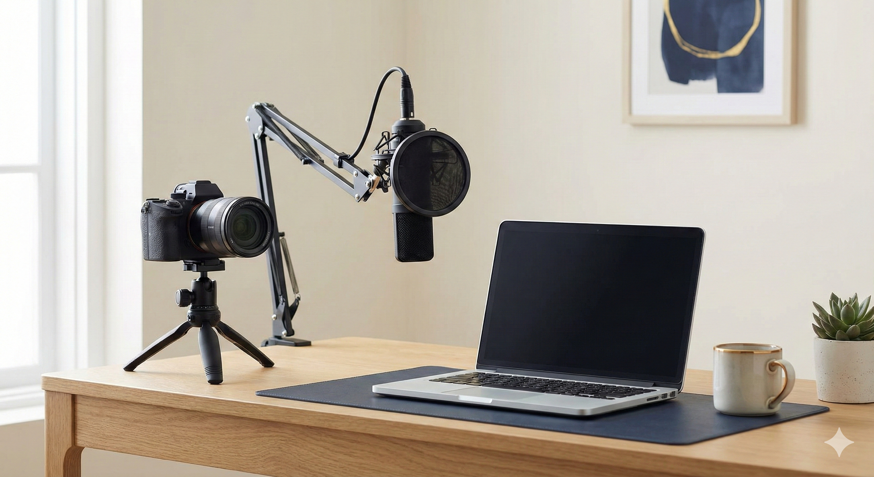 Content creator workspace with camera equipment, laptop, and microphone representing deductible business expenses