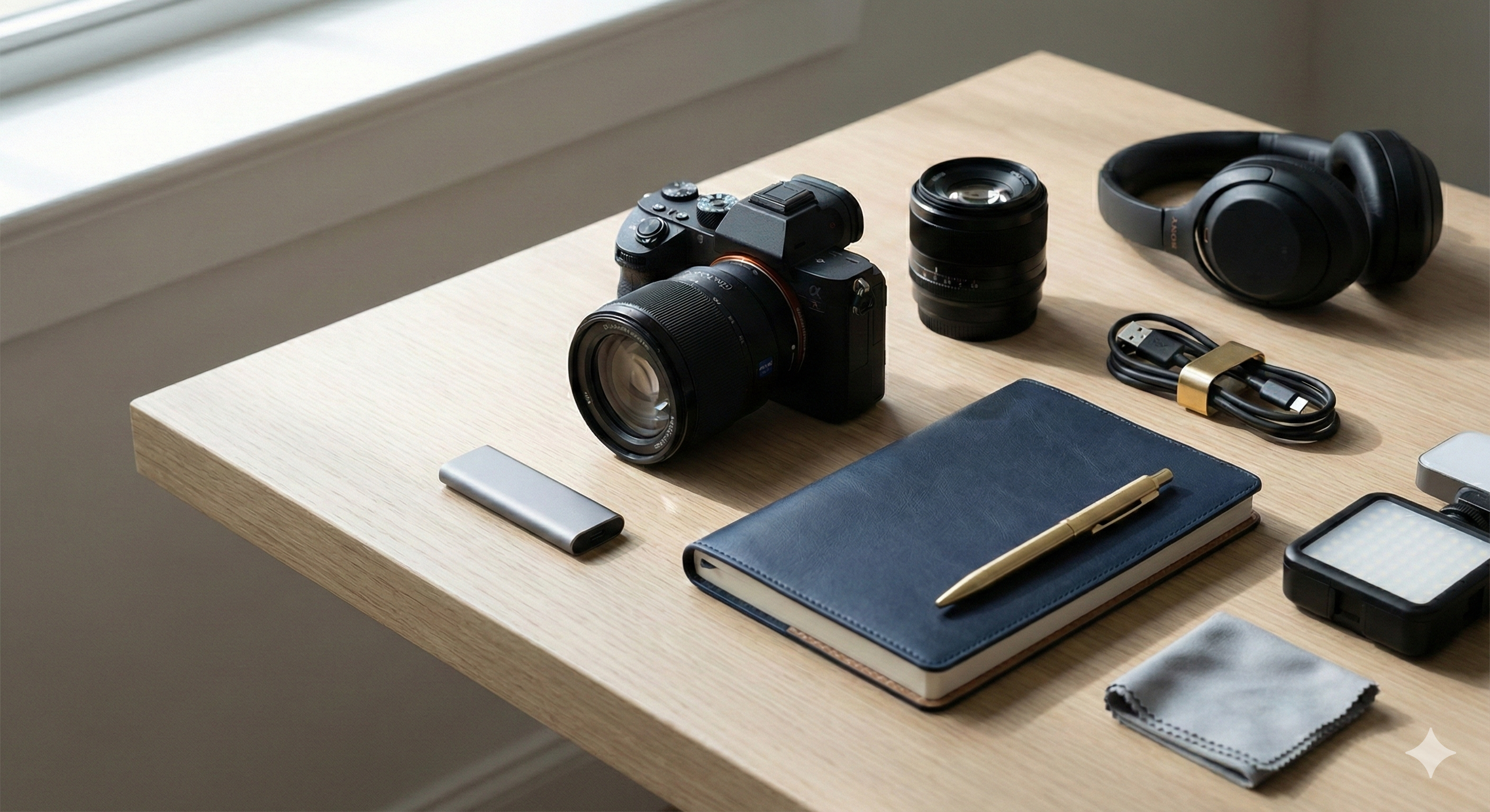 Professional camera, lighting, and audio equipment laid out as content creator tax deduction examples