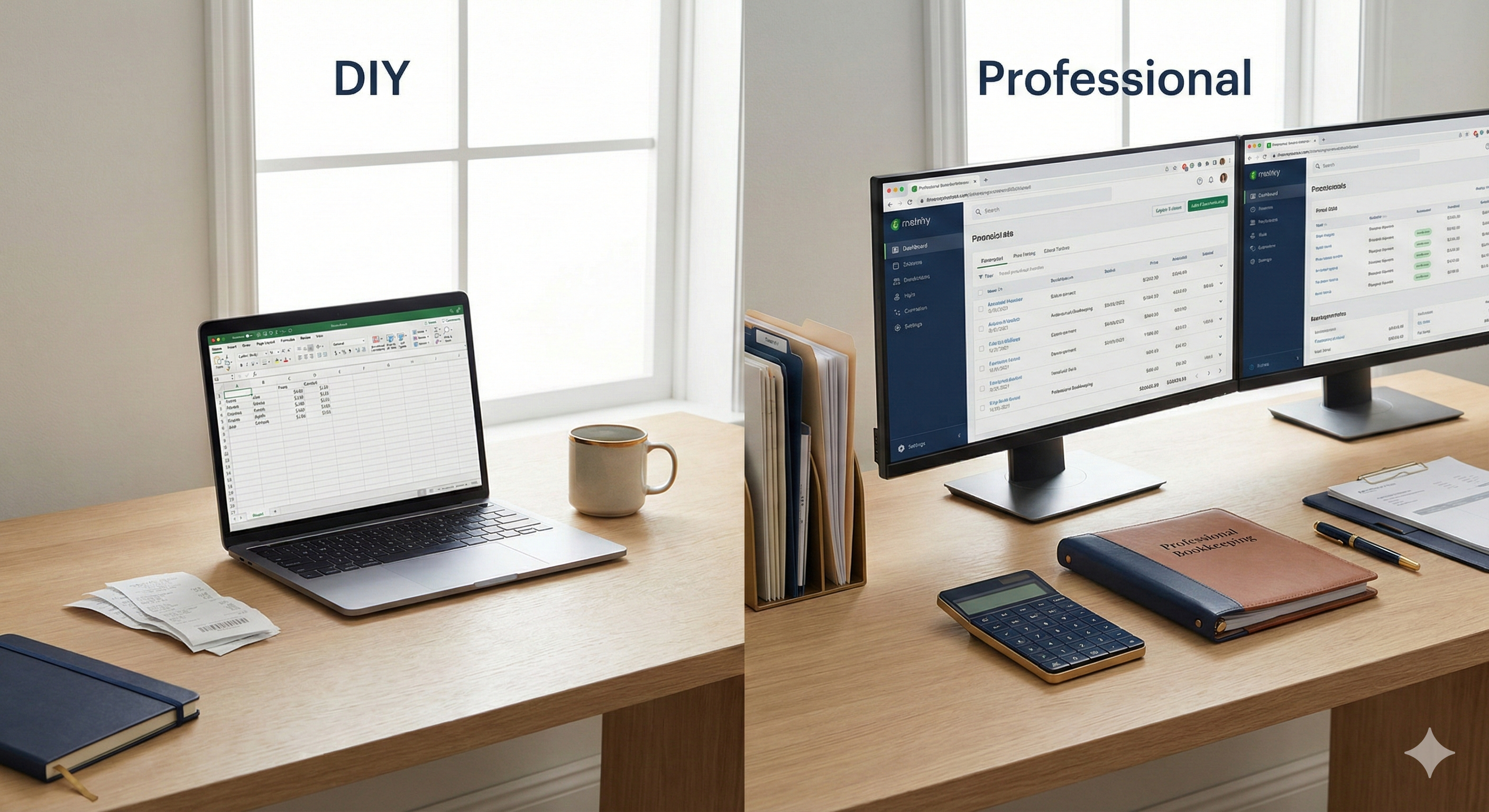 Split view comparing DIY spreadsheet bookkeeping versus professional accounting software setup