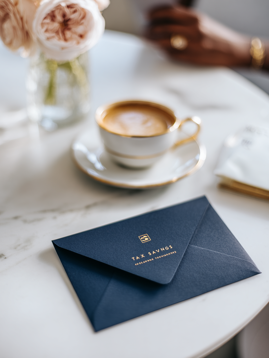 Navy blue envelope labeled Tax Savings on marble desk representing organized tax payment system